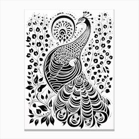 B&W Bird Linocut Peacock 1 Canvas Print