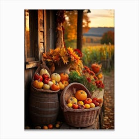 An Inviting Rustic Farm With Vegetables Like Corn Pumpkins Squash Elegantly Arranged In A Wooden B (6) Canvas Print