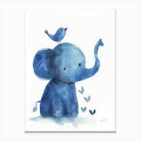 Small Joyful Elephant With A Bird On Its Head Canvas Print
