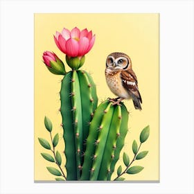 Owl On Cactus Canvas Print