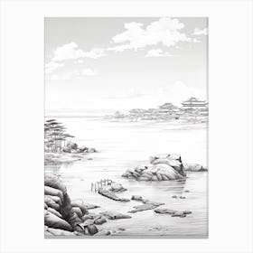 Sado Island In Niigata,, Ukiyo E Black And White Line Art Drawing 1 Canvas Print