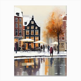 Amsterdam cafes, winter season, Christmas, autumn oil colors, pale colors, pedestrians in the street, winter clothes, falling snow.4 Canvas Print