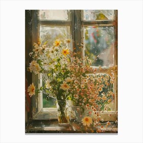 Dahlia Flowers On A Cottage Window 1 Canvas Print