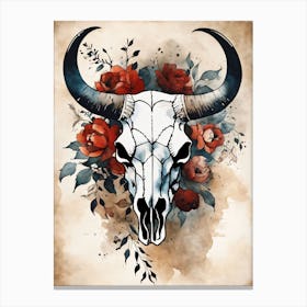 Vintage Boho Bull Skull Flowers Painting (30) Canvas Print