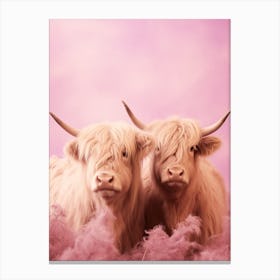 Two Highland Cows Pink Portrait 2 Canvas Print