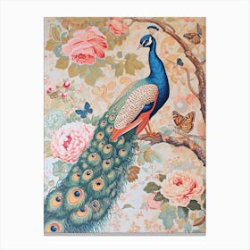 Pastel Peacock With Butterflies Vintage Wallpaper 2 Canvas Print