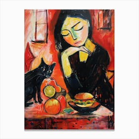 Portrait Of A Girl With Cats Eating A Burrito 3 Canvas Print