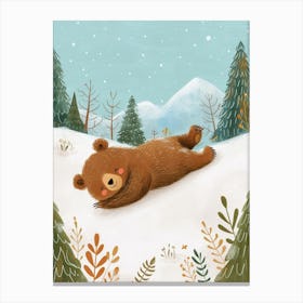Brown Bear Cub Sliding Down A Snowy Hill Storybook Illustration 1 Canvas Print