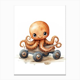 Baby Octopus On A Toy Car, Watercolour Nursery 0 Canvas Print