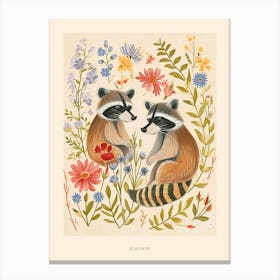 Folksy Floral Animal Drawing Racoon 4 Poster Canvas Print