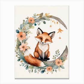 Floral Cute Fox Watercolor Moon Paining (4) Canvas Print