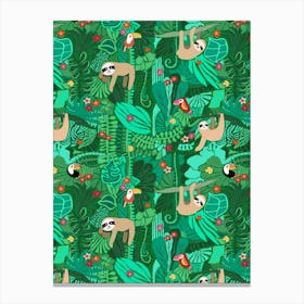 Happy Sloths In Green Jungle Trees Canvas Print