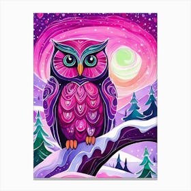 Pink Owl Snowy Landscape Painting (212) Canvas Print