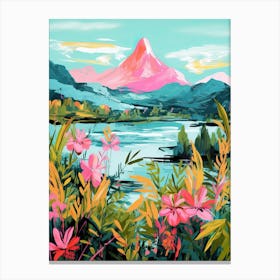 Pink Mountain Lake Travel Painting Botanical Housewarming Canvas Print
