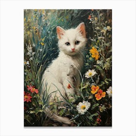 White Kitten In Field Of Daisies Rococo Inspired 1 Canvas Print
