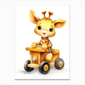 Baby Giraffe On Toy Car, Watercolour Nursery 3 Canvas Print