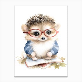Smart Baby Hedgehog Wearing Glasses Watercolour Illustration 3 Canvas Print