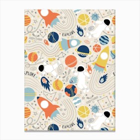 Explore Outer Space - Beige, Blue, Yellow and Orange Universe Kids Canvas Print