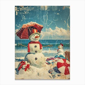 Retro Kitsch Snowmen On The Beach 2 Canvas Print