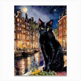 Black Cat in Old Amsterdam - Black Cat Travels Series - Iconic Holland Dutch Netherlands Canals Cityscapes Traditional Watercolor Art Print Kitty Travels Home and Room Wall Art Cool Decor Klimt and Matisse Inspired Modern Awesome Cool Unique Pagan Witchy Witches Familiar Gift For Cats Lady Animal Lovers World Travelling Genuine Works by British Watercolour Artist Lyra O'Brien Canvas Print