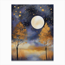 Cosmic Fall Night،
An ethereal boho painting that captures the beauty of a fall night sky. The background is a deep navy, speckled with tiny stars, while the foreground features silhouettes of autumn trees in shades of charcoal and dark olive. The moon is painted in a glowing silver, surrounded by soft wisps of mist in pale gold and lavender.
.16 Canvas Print