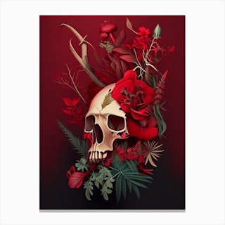Animal Skull Red Botanical Canvas Print