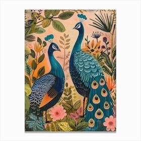 Two Folky Floral Peacocks 2 Canvas Print
