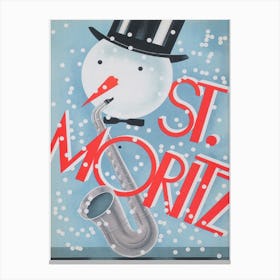 St Moritz Switzerland, Snowman with Saxophone Vintage Poster Canvas Print