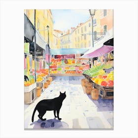 Food Market With Cats In Lyon 1 Watercolour Canvas Print