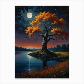 Moonlight Tree By The Lake Canvas Print