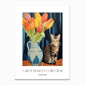 Cats & Flowers Collection Daffodil Flower Vase And A Cat, A Painting In The Style Of Matisse 3 Canvas Print