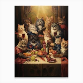 Medieval Cats Feasting On Wine & Fruit Canvas Print