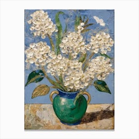 White Hydrangeas In A Green Vase Canvas Print