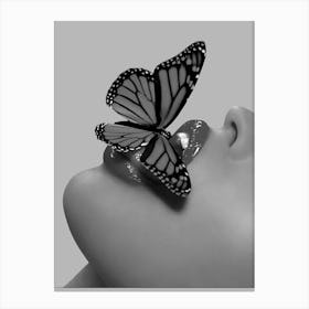 Butterfly On Lips Black And White Canvas Print