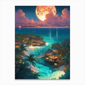 Maldives Village ~ Full Moon Romantic Honeymoon Travel Adventure Visionary Wall Decor Futuristic Sci-Fi Trippy Surrealism Modern Digital  Canvas Print