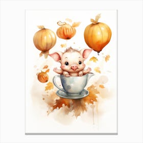 Tea Cup Pig Flying With Autumn Fall Pumpkins And Balloons Watercolour Nursery 2 Canvas Print