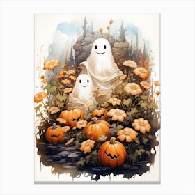 Cute Bedsheet Ghost, Botanical Halloween Watercolour 16 Canvas Print