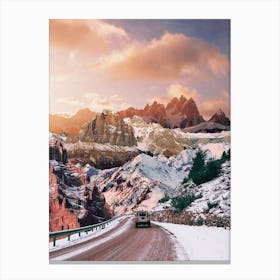 Jeep Driving Through Winter Landscape Canvas Print