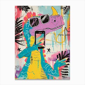 Dinosaur On The Phone Purple Graffiti Style 2 Canvas Print