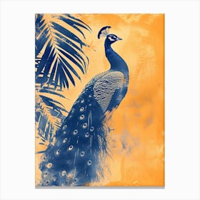 Orange & Blue Cyanotype Inspired Peacock With Tropical Leaves 2 Canvas Print