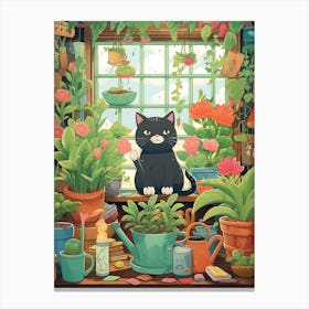 Kawaii Cat Drawings Gardening 4 Canvas Print