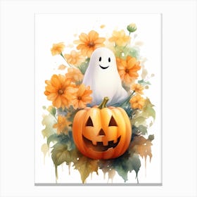 Cute Ghost With Pumpkins Halloween Watercolour 82 Canvas Print