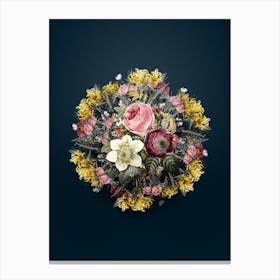 Vintage Anemone Rose Flower Wreath on Teal Blue Canvas Print