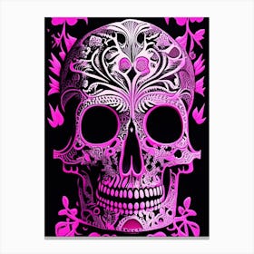 Skull With Psychedelic Patterns Pink Linocut Canvas Print