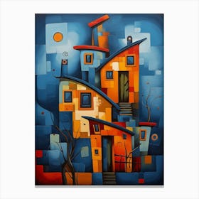 Fairytale House at Night 2, Abstract Vibrant Colorful Cubism Style Canvas Print