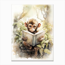 Monkey Painting Reading Watercolour 2 Canvas Print