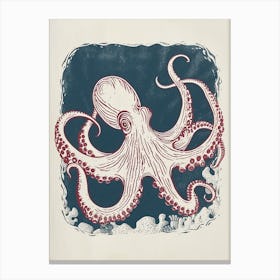 Red & Blue Octopus Retro Linocut Inspired 7 Canvas Print