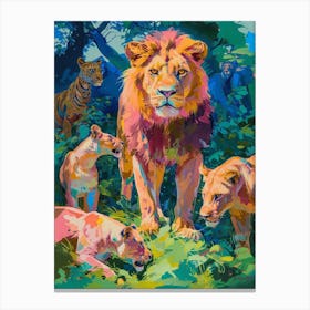 Asiatic Lion Interaction With Other Wildlife Fauvist Painting 4 Canvas Print
