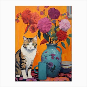 Pansy Flower Vase And A Cat, A Painting In The Style Of Matisse 3 Canvas Print