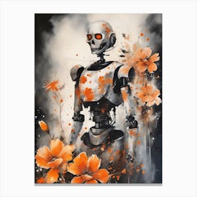 Robot Abstract Orange Flowers Painting (22) Canvas Print